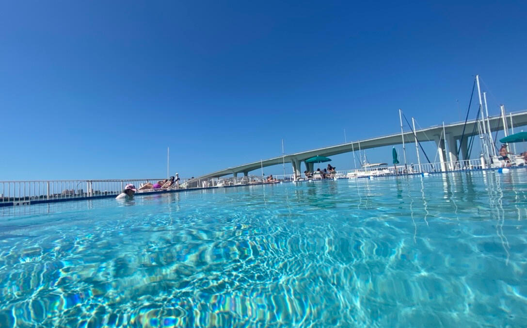 waterfront view of Clearwater Memorial Causeway from the swimming pool